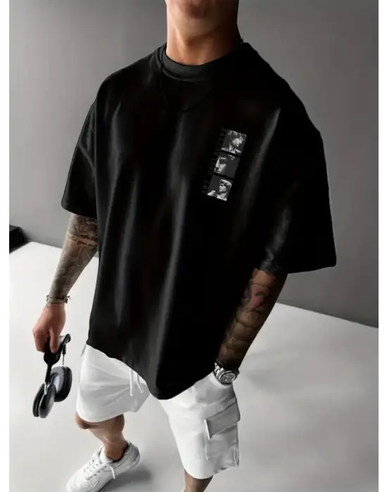 Baskılı Oversize Bisiklet Yaka T-shirt - Siyah