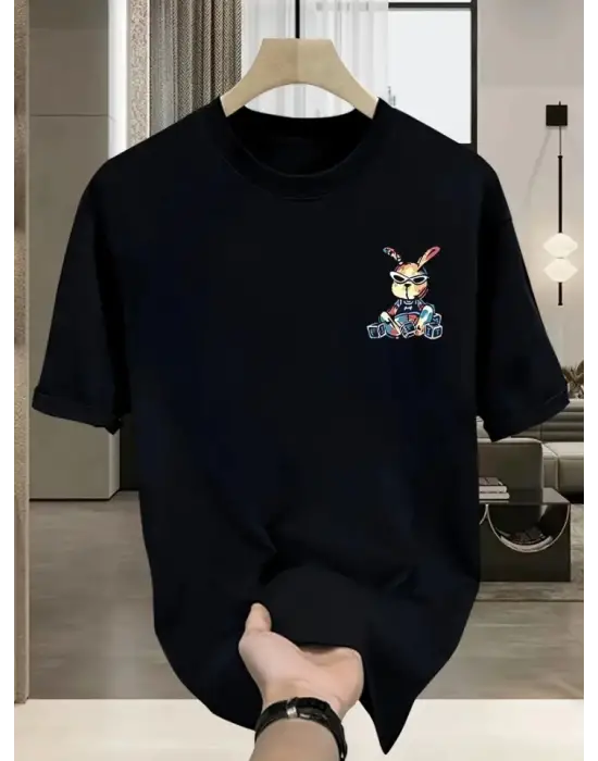 Baskılı Oversize Bisiklet Yaka T-shirt - Siyah