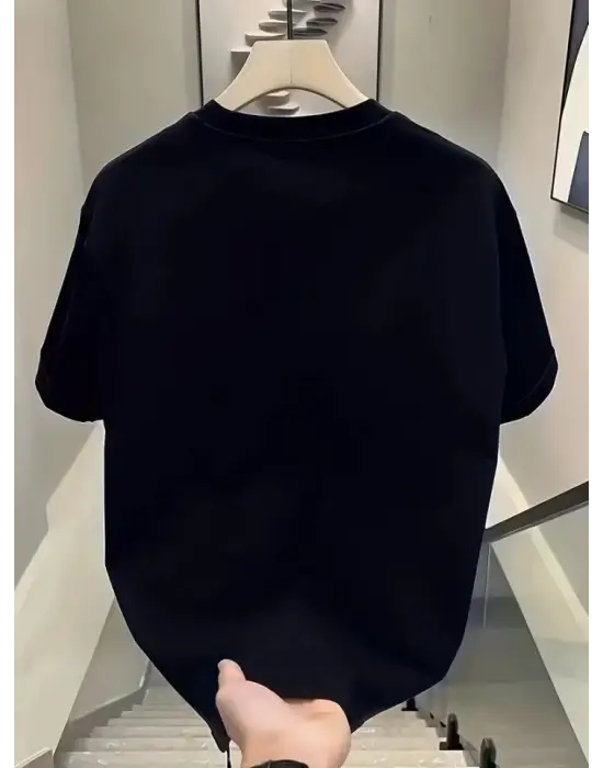 Baskılı Oversize Bisiklet Yaka T-shirt - Siyah