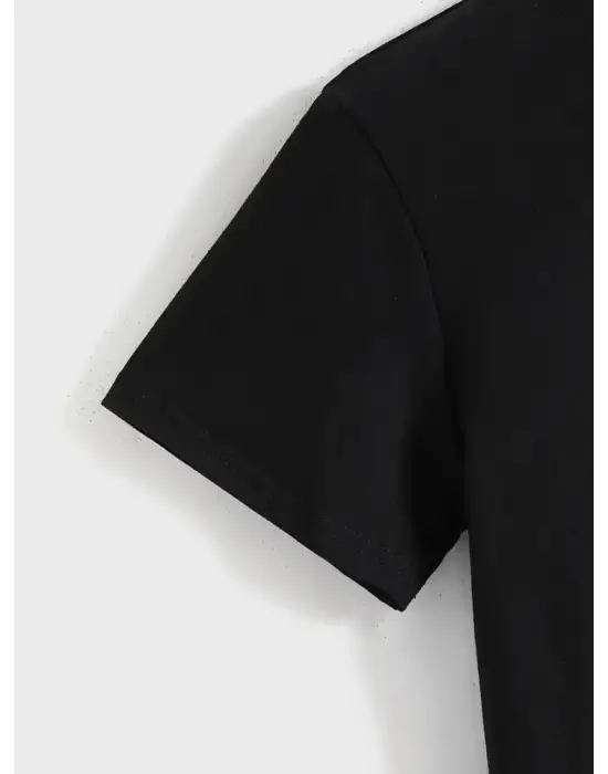 Baskılı Oversize Bisiklet Yaka T-shirt - Siyah