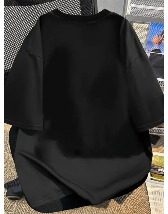 Baskılı Oversize Bisiklet Yaka T-shirt - Siyah