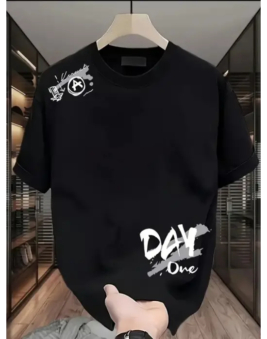 Baskılı Oversize Bisiklet Yaka T-shirt - Siyah