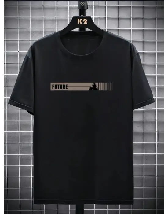 Baskılı Oversize Bisiklet Yaka T-shirt - Siyah
