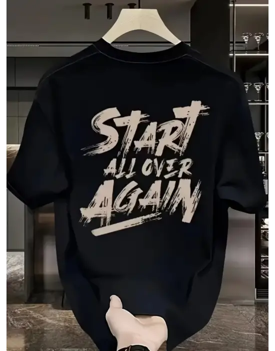 Baskılı Oversize Bisiklet Yaka T-shirt - Siyah