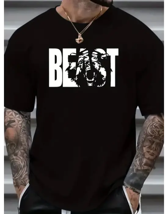 Baskılı Oversize Bisiklet Yaka T-shirt - Siyah
