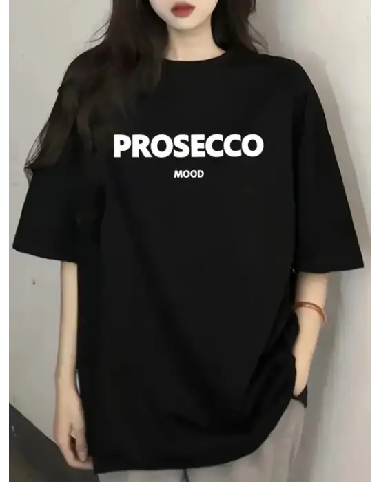 Baskılı Oversize Bisiklet Yaka T-shirt - Siyah
