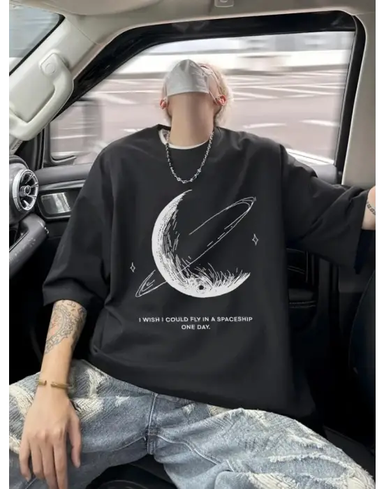 Baskılı Oversize Bisiklet Yaka T-shirt - Siyah