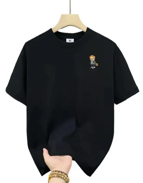 Baskılı Oversize Bisiklet Yaka T-shirt - Siyah