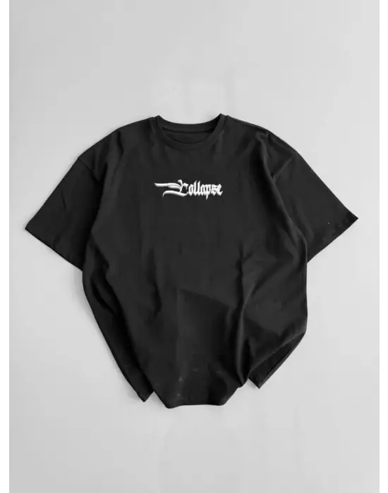 Baskılı Oversize Bisiklet Yaka T-shirt - Siyah