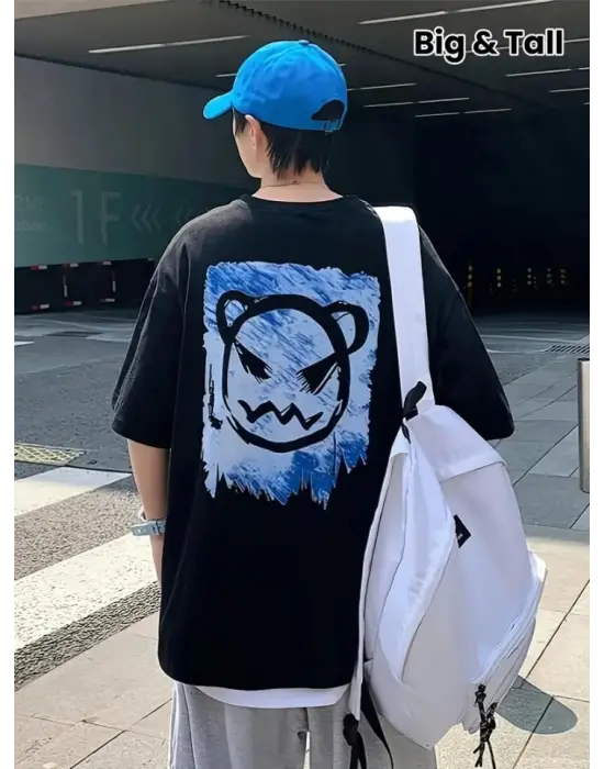 Baskılı Oversize Bisiklet Yaka T-shirt - Siyah
