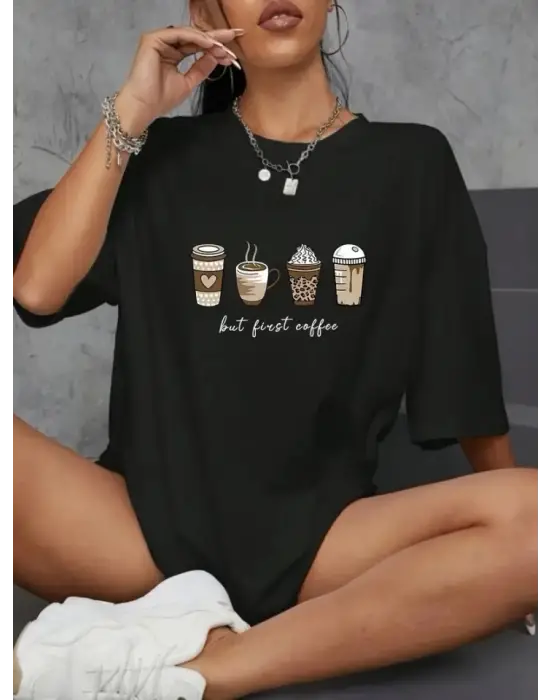 Baskılı Oversize Bisiklet Yaka T-shirt - Siyah