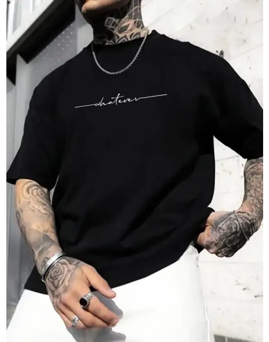 Baskılı Oversize Bisiklet Yaka T-shirt - Siyah