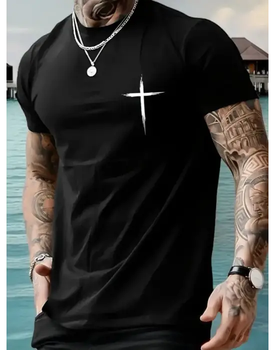Baskılı Oversize Bisiklet Yaka T-shirt - Siyah