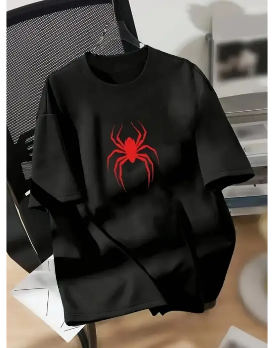 Baskılı Oversize Bisiklet Yaka T-shirt - Siyah