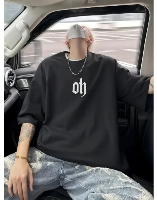 Baskılı Oversize Bisiklet Yaka T-shirt - Siyah