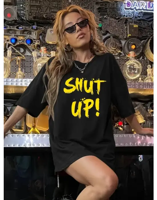 Baskılı Oversize Bisiklet Yaka T-shirt - Siyah