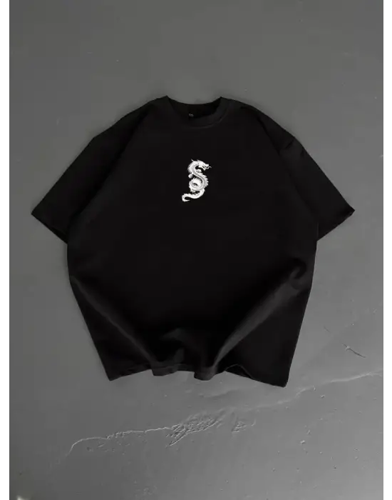 Baskılı Oversize Bisiklet Yaka T-shirt - Siyah