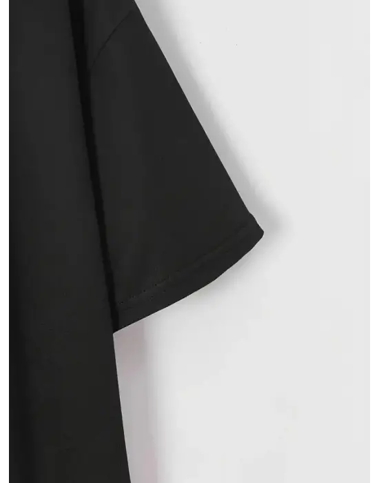Baskılı Oversize Bisiklet Yaka T-shirt - Siyah