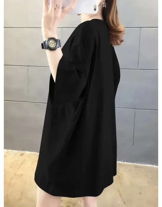 Baskılı Oversize Bisiklet Yaka T-shirt - Siyah