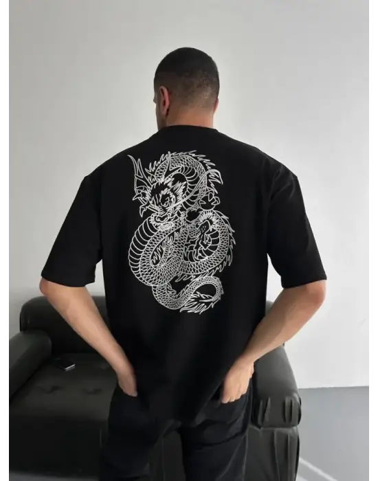 Baskılı Oversize Bisiklet Yaka T-shirt - Siyah