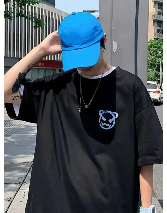 Baskılı Oversize Bisiklet Yaka T-shirt - Siyah