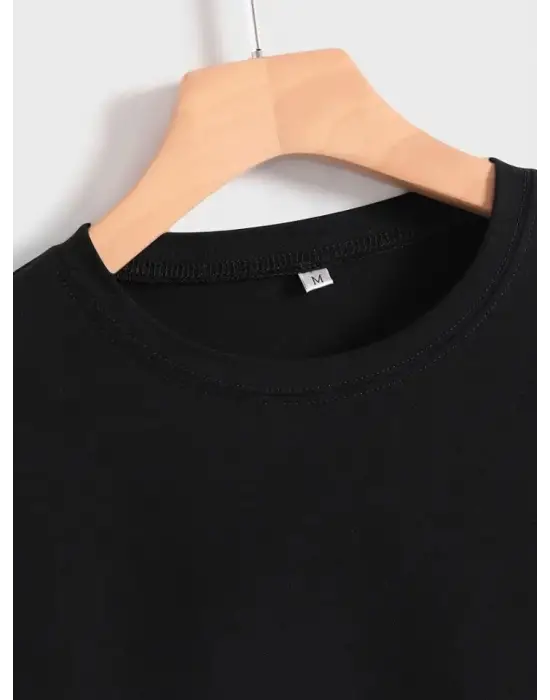 Baskılı Oversize Bisiklet Yaka T-shirt - Siyah