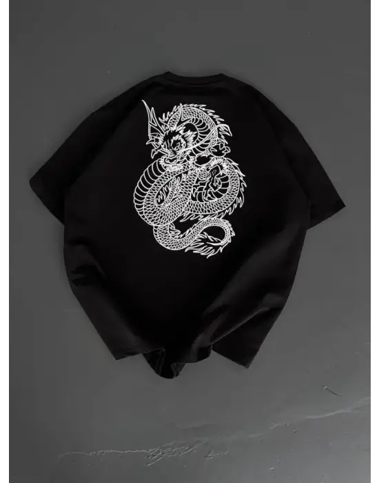 Baskılı Oversize Bisiklet Yaka T-shirt - Siyah