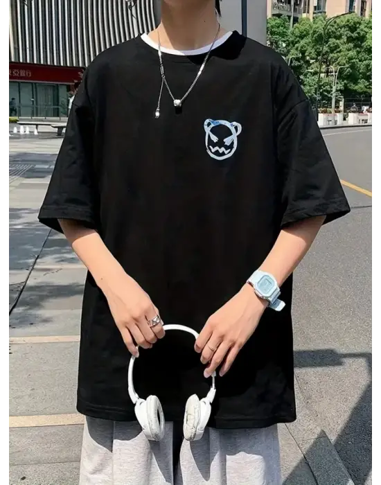 Baskılı Oversize Bisiklet Yaka T-shirt - Siyah