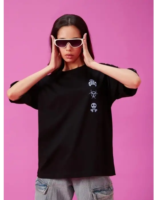 Baskılı Oversize T-shirt - Siyah