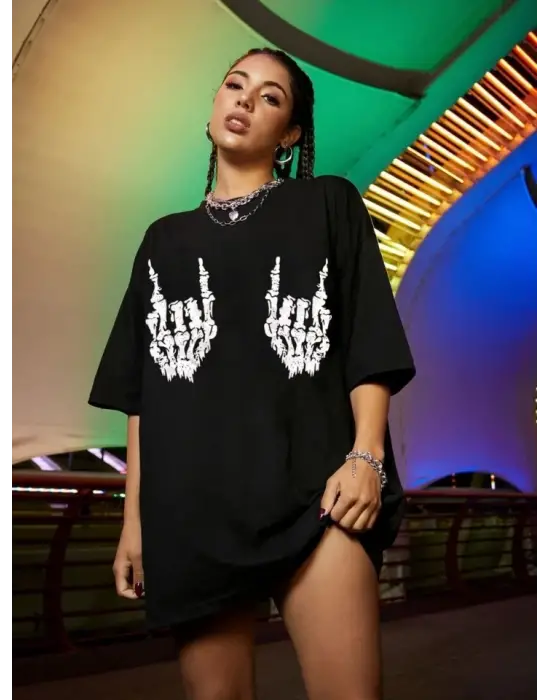 Baskılı Oversize T-shirt - Siyah
