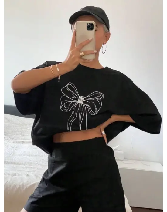 Baskılı Oversize T-shirt - Siyah