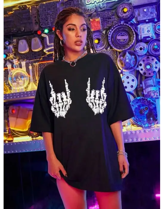 Baskılı Oversize T-shirt - Siyah