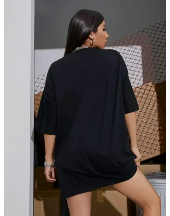 Baskılı Oversize T-shirt - Siyah