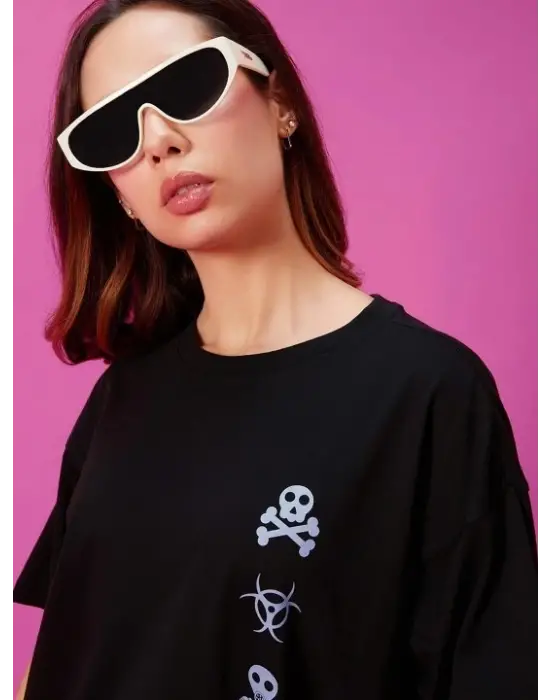 Baskılı Oversize T-shirt - Siyah