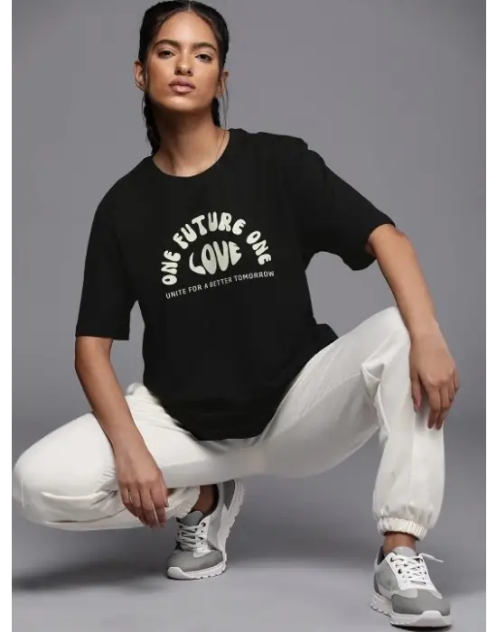 Baskılı Oversize T-shirt - Siyah