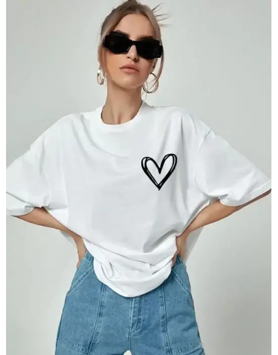 Bisiklet Yaka Baskılı Oversize T-Shirt - Beyaz