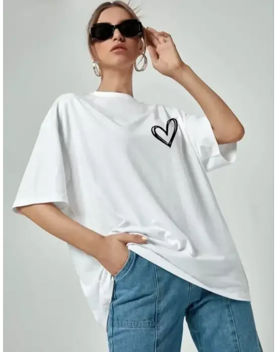 Bisiklet Yaka Baskılı Oversize T-Shirt - Beyaz