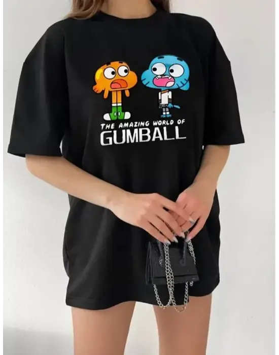 Bisiklet Yaka Baskılı Oversize T-Shirt - Siyah