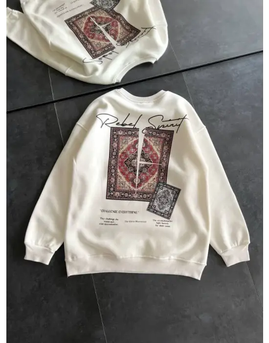 Bisiklet Yaka Baskılı SweatShirt - Beyaz