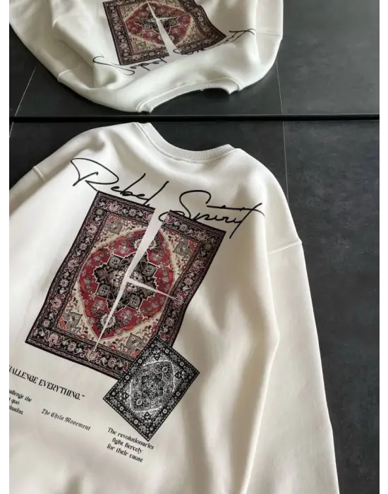 Bisiklet Yaka Baskılı SweatShirt - Beyaz