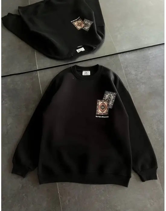 Bisiklet Yaka Baskılı SweatShirt - Siyah