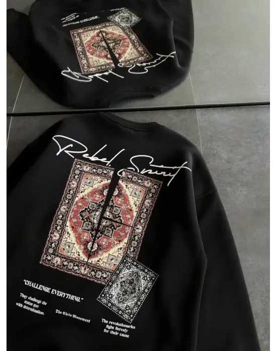Bisiklet Yaka Baskılı SweatShirt - Siyah