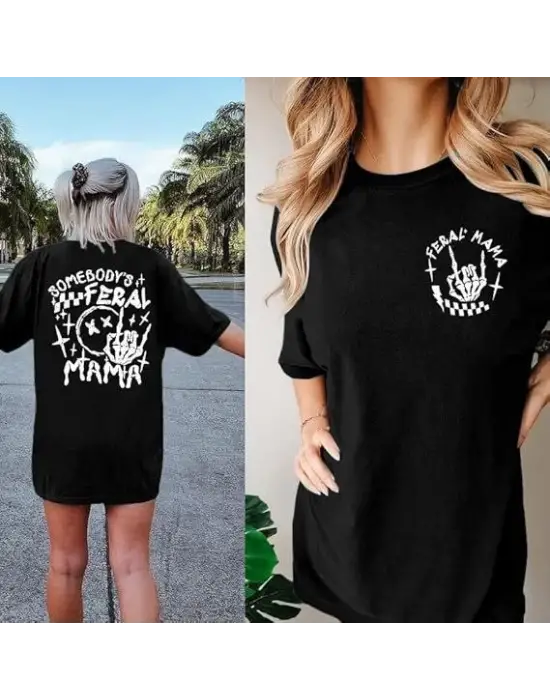 Bisiklet Yaka Baskılı T-shirt - Siyah