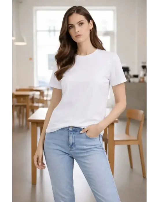 Bisiklet Yaka Tişört Regular Kalıp Basic Pamuklu Günlük Kullanım T-shirt - Beyaz