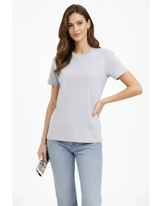 Bisiklet Yaka Tişört  Regular Kalıp Basic Pamuklu  Günlük Kullanım  T-shirt - Gri