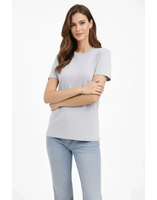 Bisiklet Yaka Tişört  Regular Kalıp Basic Pamuklu  Günlük Kullanım  T-shirt - Gri