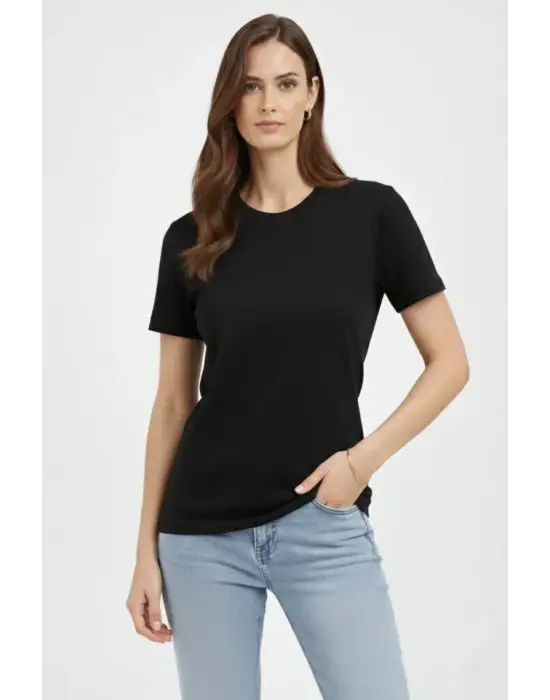 Bisiklet Yaka Tişört Regular Kalıp Basic Pamuklu Günlük Kullanım T-shirt - Siyah