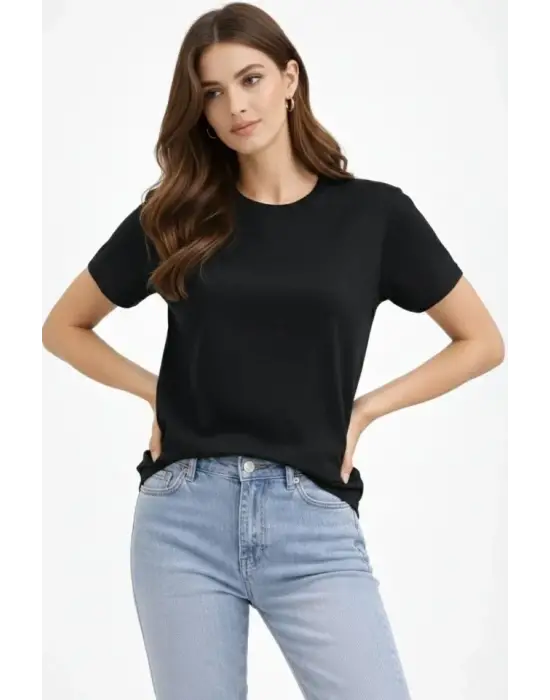Bisiklet Yaka Tişört Regular Kalıp Basic Pamuklu Günlük Kullanım T-shirt - Siyah