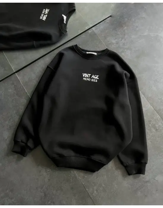 Bisiklet Yaka Üç İplik Baskılı Oversize SweatShirt - Siyah
