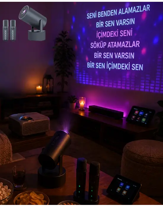 Bluetooth Hoparlörlü Akıllı Projektör Kablosuz Karaoke Mikrofonlu